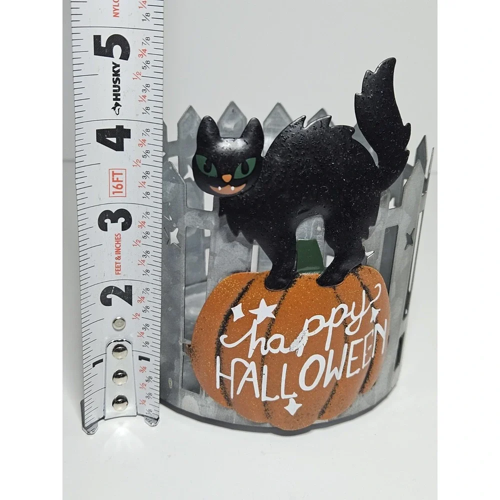 Kohl's Celebrate Halloween Together Black Cat Pumpkin Candle Holder Metal Fence
